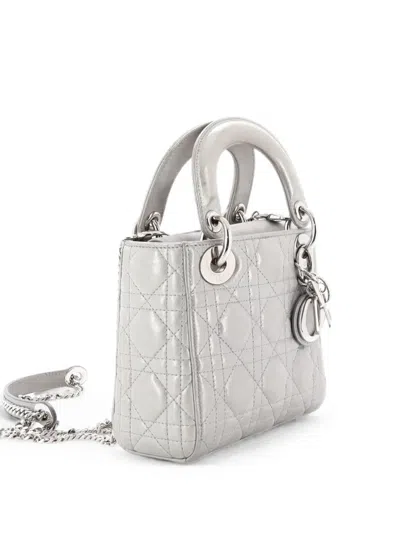 Pre-owned Dior Lady  Chain Bag Cannage Quilt Iridescent Leather Mini Satchel In Silver