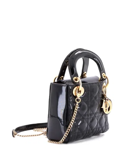 Pre-owned Dior Lady  Chain Bag Cannage Quilt Patent Mini Satchel In Black