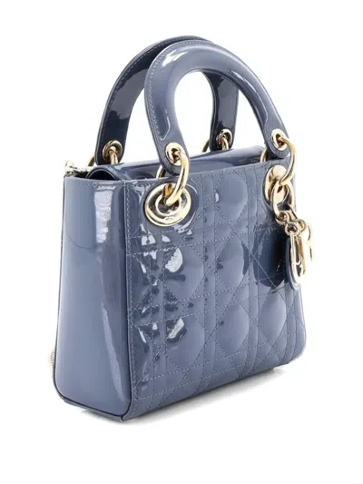 Pre-owned Dior Lady  Chain Bag Cannage Quilt Patent Mini Satchel In Blue