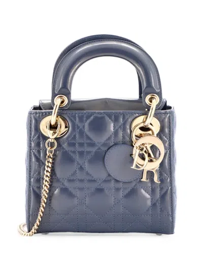 Pre-owned Dior Lady  Chain Bag Cannage Quilt Patent Mini Satchel In Blue