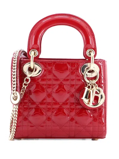 Pre-owned Dior Lady  Chain Bag Cannage Quilt Patent Mini Satchel In Red