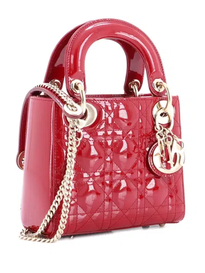 Pre-owned Dior Lady  Chain Bag Cannage Quilt Patent Mini Satchel In Red
