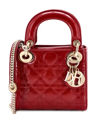 Pre-owned Dior Lady  Chain Bag Cannage Quilt Patent Mini Satchel In Red