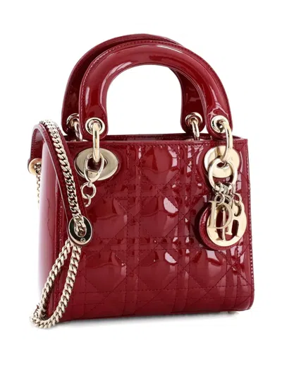 Pre-owned Dior Lady  Chain Bag Cannage Quilt Patent Mini Satchel In Red