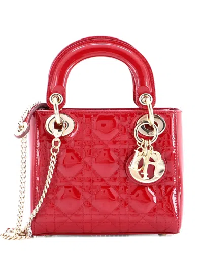 Pre-owned Dior Lady  Chain Bag Cannage Quilt Patent Mini Satchel In Red