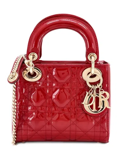 Pre-owned Dior Lady  Chain Bag Cannage Quilt Patent Mini Satchel In Red