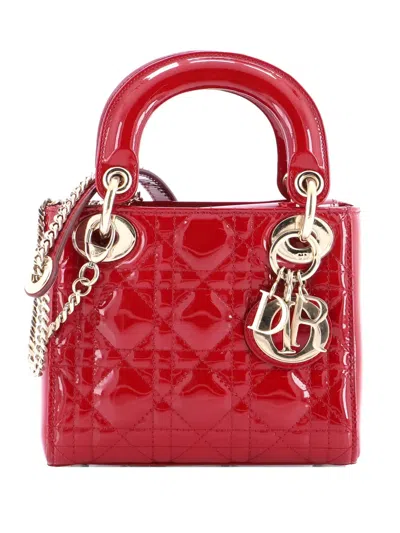 Pre-owned Dior Lady  Chain Bag Cannage Quilt Patent Mini Satchel In Red