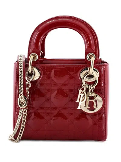 Pre-owned Dior Lady  Chain Bag Cannage Quilt Patent Mini Satchel In Red