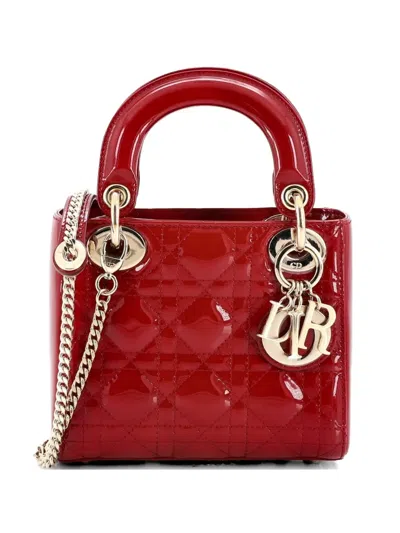 Pre-owned Dior Lady  Chain Bag Cannage Quilt Patent Mini Satchel In Red