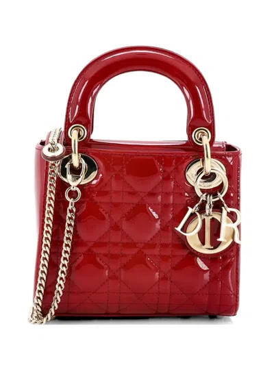 Pre-owned Dior Lady  Chain Bag Cannage Quilt Patent Mini Satchel In Red