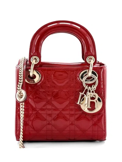 Pre-owned Dior Lady  Chain Bag Cannage Quilt Patent Mini Satchel In Red