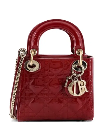 Pre-owned Dior Lady  Chain Bag Cannage Quilt Patent Mini Satchel In Red