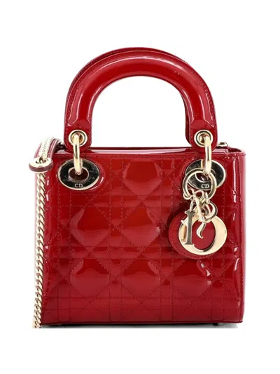 Pre-owned Dior Lady  Chain Bag Cannage Quilt Patent Mini Satchel In Red