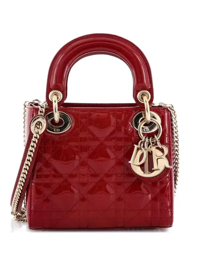 Pre-owned Dior Lady  Chain Bag Cannage Quilt Patent Mini Satchel In Red