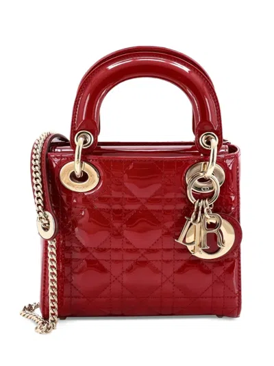 Pre-owned Dior Lady  Chain Bag Cannage Quilt Patent Mini Satchel In Red
