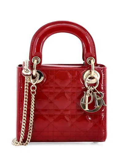 Pre-owned Dior Lady  Chain Bag Cannage Quilt Patent Mini Satchel In Red