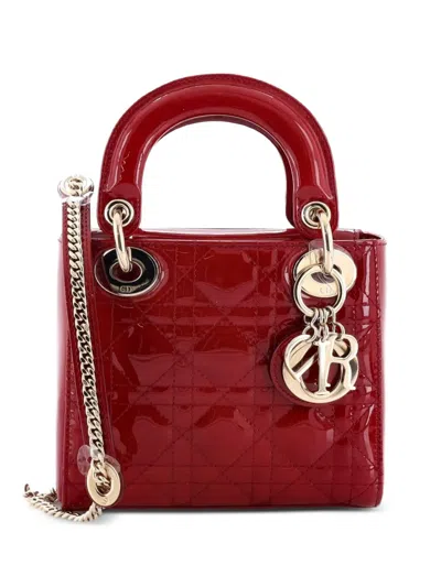 Pre-owned Dior Lady  Chain Bag Cannage Quilt Patent Mini Satchel In Red