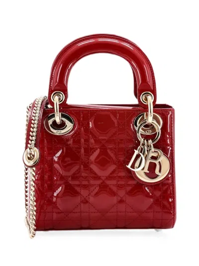 Pre-owned Dior Lady  Chain Bag Cannage Quilt Patent Mini Satchel In Red