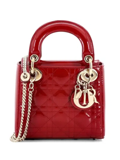 Pre-owned Dior Lady  Chain Bag Cannage Quilt Patent Mini Satchel In Red