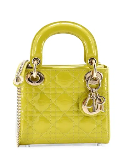 Pre-owned Dior Lady  Chain Bag Cannage Quilt Patent Mini Satchel In Yellow