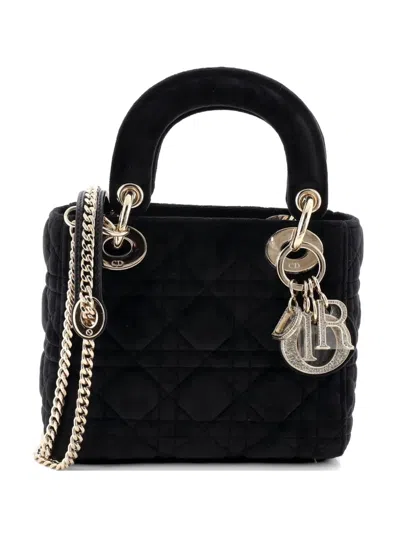 Pre-owned Dior Lady  Chain Bag Cannage Quilt Velvet With Crystal Charms Mini Shoulder Bag In Black