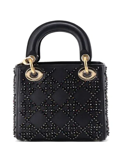Pre-owned Dior Lady  Chain Bag Crystal Embellished Cannage Quilt Leather Mini Satchel In Black