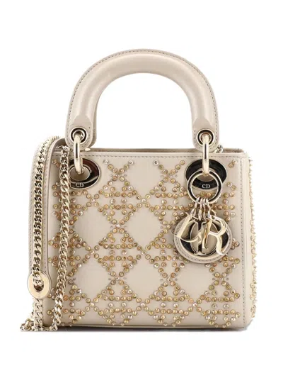 Pre-owned Dior Lady  Chain Bag Crystal Embellished Cannage Quilt Leather Mini Satchel In Gold