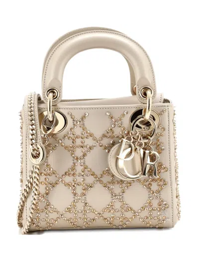 Pre-owned Dior Lady  Chain Bag Crystal Embellished Cannage Quilt Leather Mini Satchel In Neutral