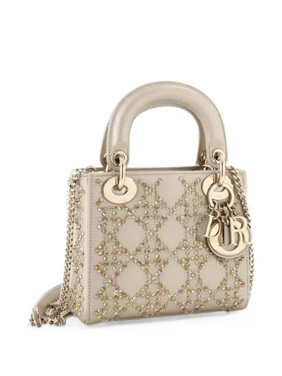 Pre-owned Dior Lady  Chain Bag Crystal Embellished Cannage Quilt Leather Mini Satchel In Neutrals