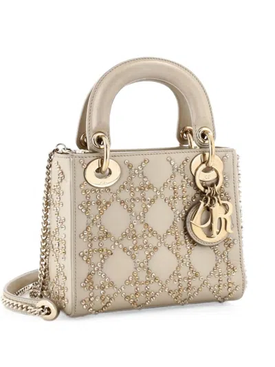 Pre-owned Dior Lady  Chain Bag Crystal Embellished Cannage Quilt Leather Mini Satchel In Neutrals