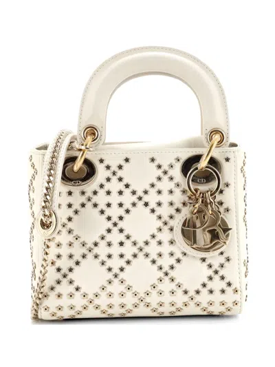 Pre-owned Dior Lady  Chain Bag Crystal Embellished Cannage Quilt Leather Mini Satchel In White