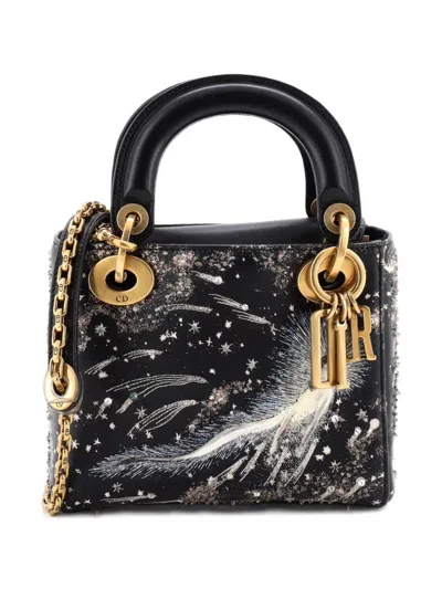 Pre-owned Dior Lady  Chain Bag Embroidered Calfskin Mini Satchel In Black