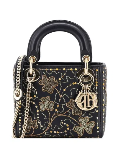 Pre-owned Dior Lady  Chain Bag Embroidered Calfskin Mini Satchel In Black