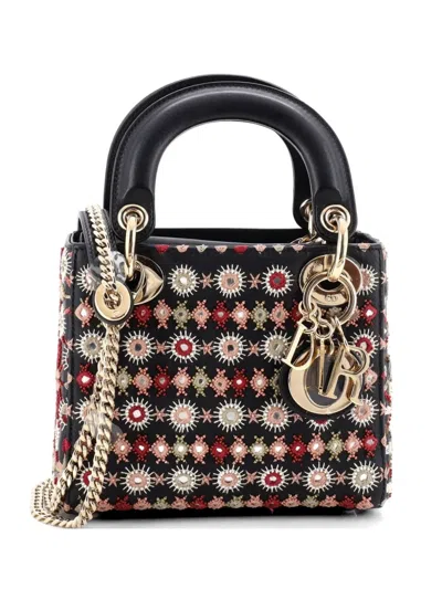 Pre-owned Dior Lady  Chain Bag Embroidered Calfskin Mini Satchel In Black