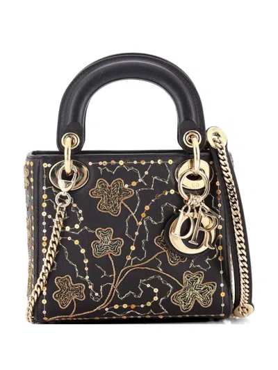 Pre-owned Dior Lady  Chain Bag Embroidered Calfskin Mini Satchel In Black