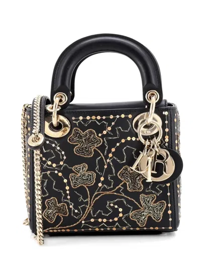 Pre-owned Dior Lady  Chain Bag Embroidered Calfskin Mini Satchel In Black