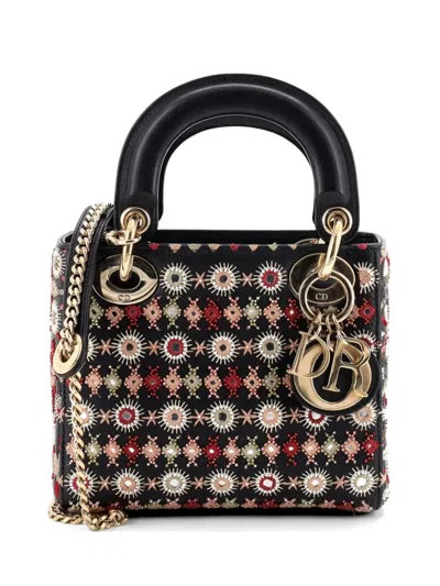 Pre-owned Dior Lady  Chain Bag Embroidered Calfskin Mini Satchel In Black