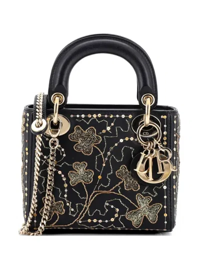 Pre-owned Dior Lady  Chain Bag Embroidered Calfskin Mini Satchel In Black