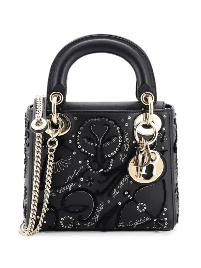 Pre-owned Dior Lady  Chain Bag Embroidered Calfskin Mini Satchel In Black