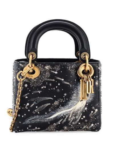 Pre-owned Dior Lady  Chain Bag Embroidered Calfskin Mini Satchel In Black