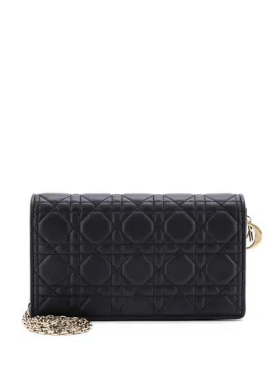 Pre-owned Dior Lady  Chain Pouch Cannage Quilt Lambskin Clutch Bag In Black