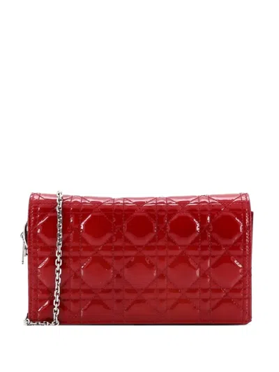 Pre-owned Dior Lady  Chain Pouch Cannage Quilt Patent Crossbody Bag In Red