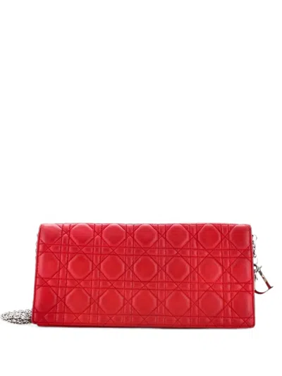 Pre-owned Dior Lady  Convertible Chain Cannage Quilt Leather Long Clutch Bag In Red