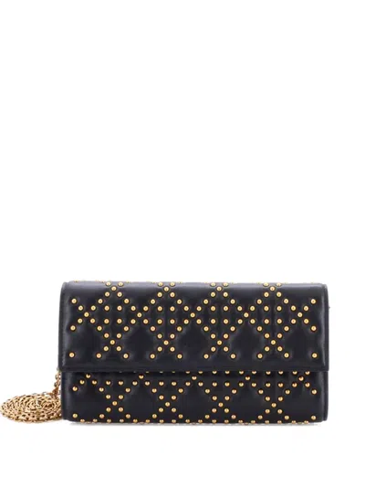 Pre-owned Dior Lady  Croisiere Chain Wallet Cannage Studded Lambskin Clutch Bag In Black