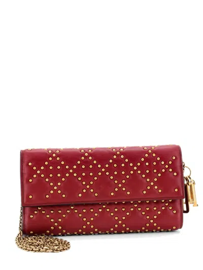 Pre-owned Dior Lady  Croisiere Chain Wallet Cannage Studded Lambskin Clutch Bag In Red