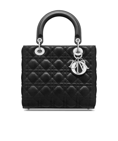 Dior Lady  Medium Rattan Check Shoulder Bag In Black