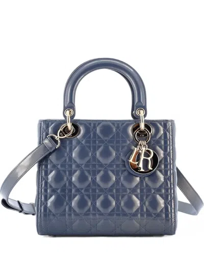 Pre-owned Dior Lady  Nm Bag Cannage Quilt Patent Medium Satchel In Blue
