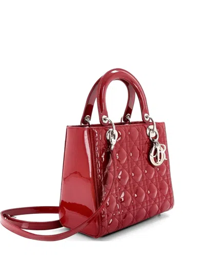 Pre-owned Dior Lady  Nm Bag Cannage Quilt Patent Medium Satchel In Red