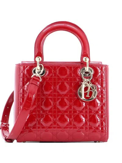 Pre-owned Dior Lady  Nm Bag Cannage Quilt Patent Medium Satchel In Red