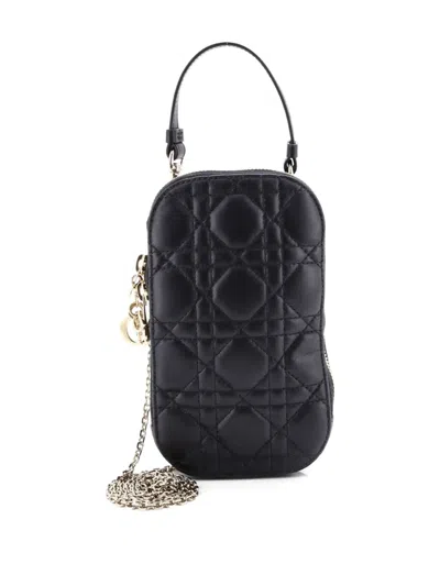 Pre-owned Dior Lady  Phone Holder On Chain Cannage Quilt Lambskin Crossbody Bag In Black